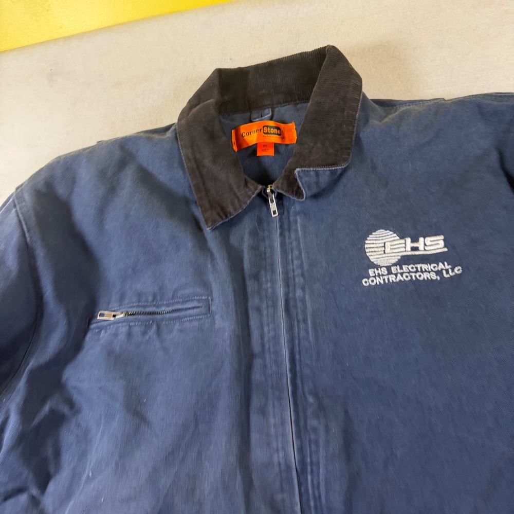 CornerStone Mens Navy Blue Canvas Work Jacket Corduroy Collar XL EHS Electrical